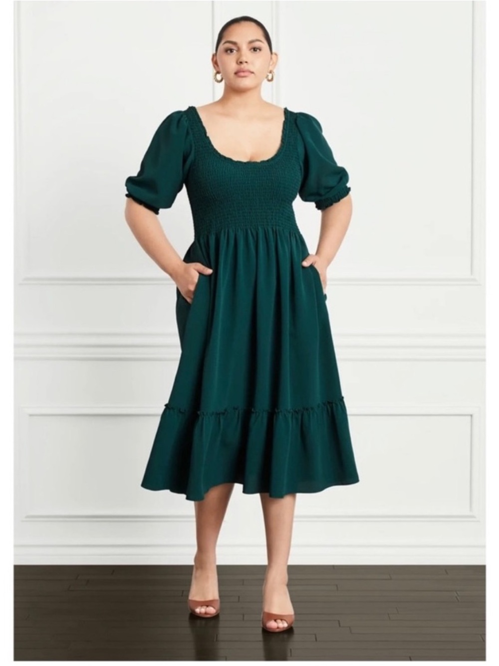 Hill House Deep Teal Smocked Midi Dress with Puff Sleeves